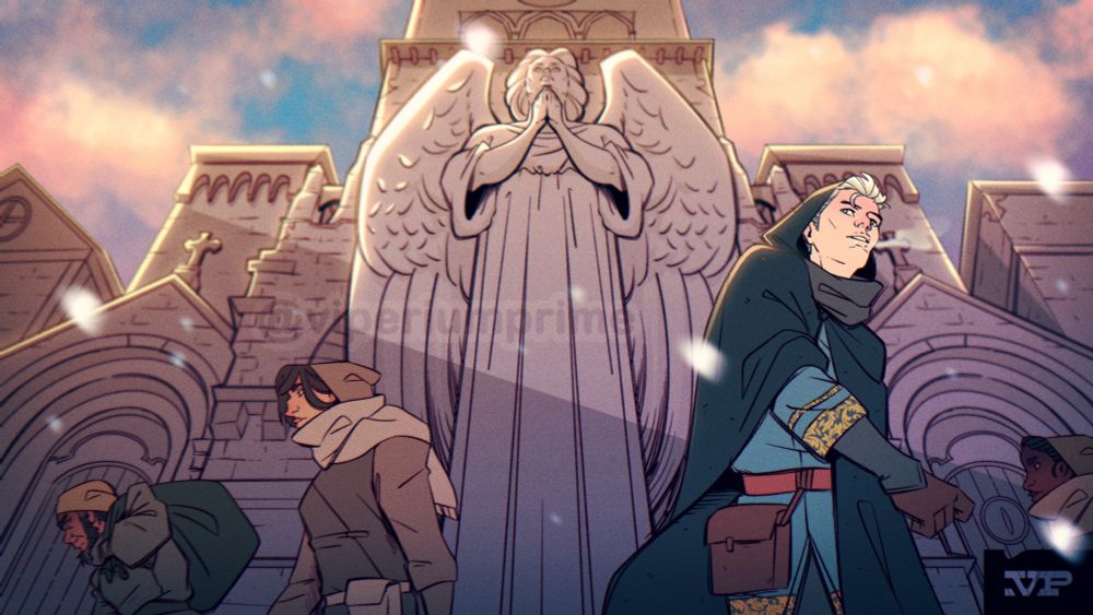 illustration of a wintery morning in front of a stone church with a praying stone statue of an angel. A small crowd walks beneath the statue, with one man standing out. He walks away from the statue, glancing back over his shoulder at the judgemental figure