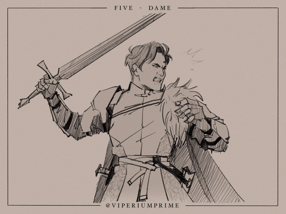 Sketch of a woman swinging a sword. She has short hair and freckles, and wears a tunic padded with chainmail and a fur half cape on one shoulder. She has armor on her arms
