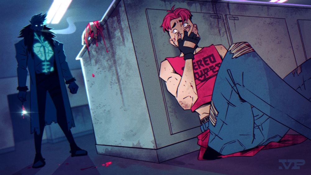 Illustration of a young man with pink hair hiding behind a counter from a menacing figure wielding a bloody scalpel. He covers his mouth and glances around the corner. The menacing figure wears a fur-lined trenchcoat with no shirt, and his internal organs glow blue.