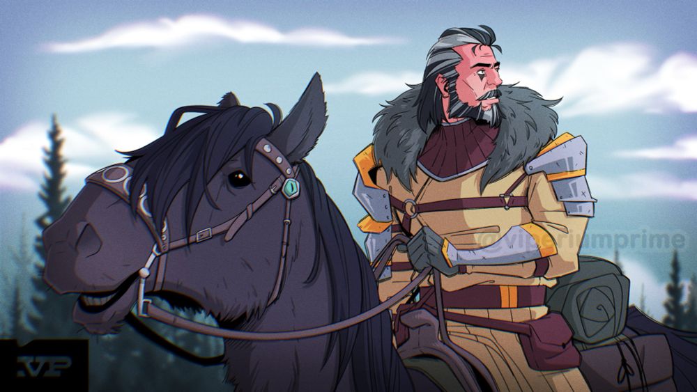 An older man in armor looks to his left while on horseback. He has a yellow long coat lined with gray fur. He has a salt and pepper beard and slicked back hair, and triangle tattoos under his eyes
