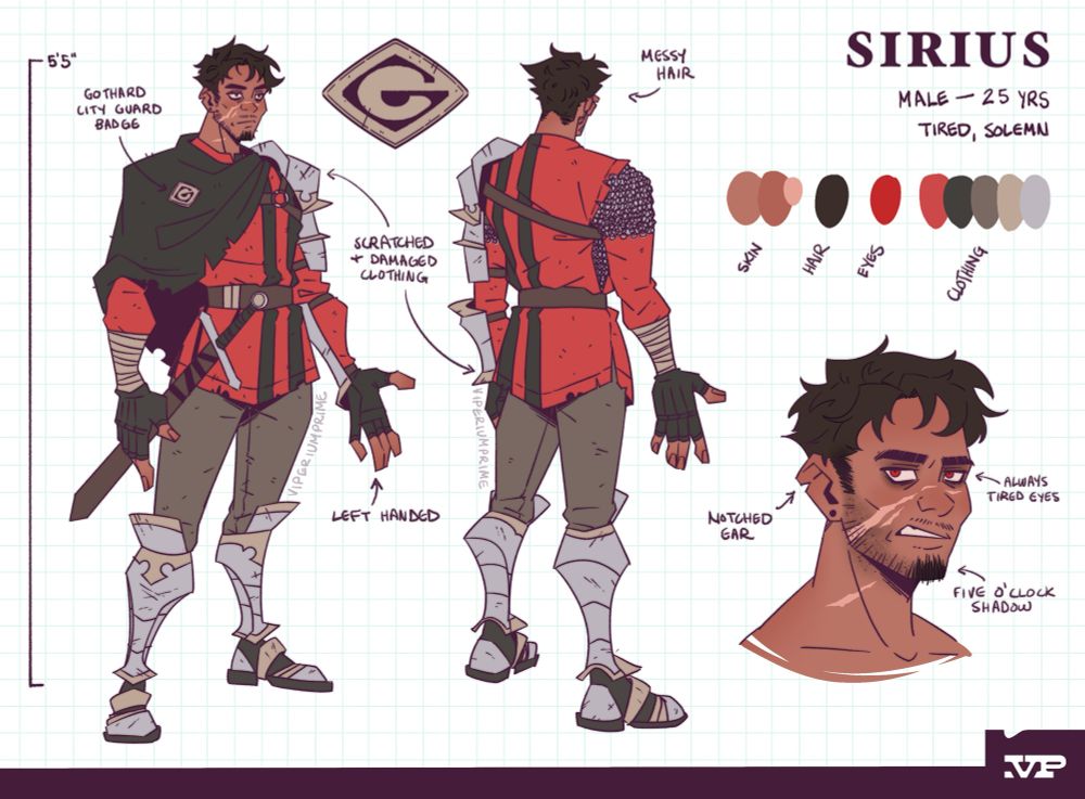 Ref sheet for Sirius, a male guardsman with a red color scheme. He has a slightly stocky build, and messy dark brown hair. The ref sheet shows a front and back of his outfit, a close up of his face, and a color picker reference. Design notes are scattered across the sheet