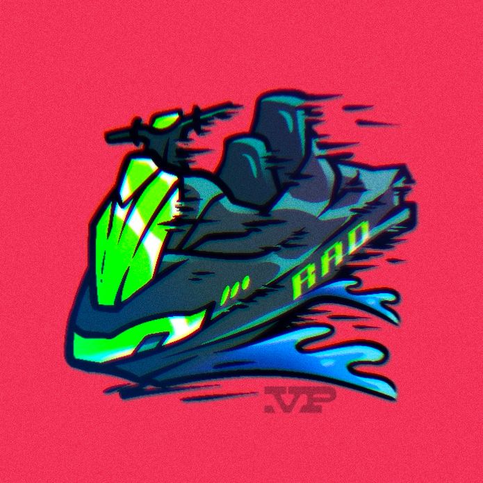 Illustration of a black and green jetski drifting sideways, water spraying out to the side. The word “rad” is stenciled on the side