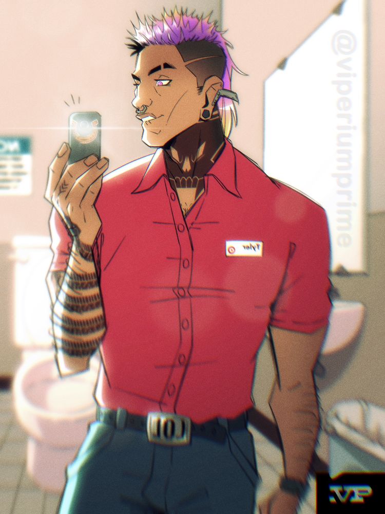 Illustration of a man taking a selfie in a the work bathroom mirror. He wears a red target employee shirt. He has a purple and yellow frosted tips mullet, tattoos, and piercings. He holds a tiny 2009 Samsung Intensity, so the quality of the selfie is terrible, with washed out lighting and blurriness