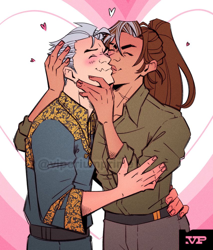 Illustration of a woman holding a shorter man’s head and smooching him on the cheek. He scrunkles his face and blushes, and holds her too