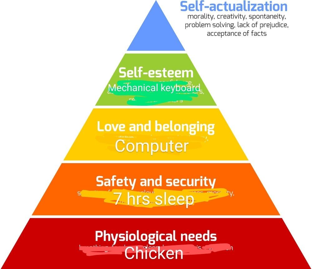 A shoddily-edited diagram of Maslow's Hierarchy of Needs, a pyramid with labeled layers.
Bottom: Physiological needs (addition: Chicken)
Next layer: Safety and security (addition: 7 hours sleep)
Next layer: Love and belonging (addition: Computer)
Next layer: Self-esteem (addition: Mechanical keyboard)