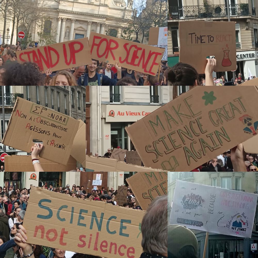 Collage of several cardboard signs  from the Stand up with Science march with messages to support science, academia and research. 