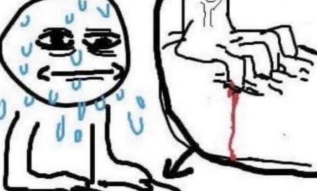 meme de um boneco desenhado simples sentado suando todo nervoso e enfiando as unhas na coxa