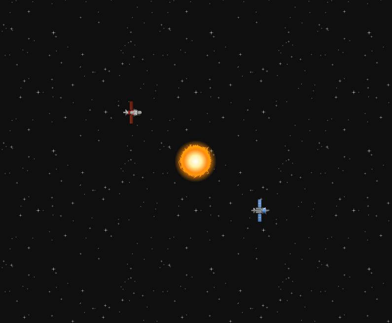 tela do jogo KSpaceDuel (um plano de fundo preto cheio de estrelas com uma nave vermelha e outra azul orbitando o sol que está no centro)