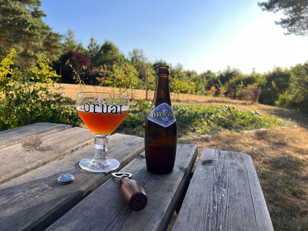 Une bière d'Orval servie dans le verre ad hoc avec le décapsuleur ad hoc devant une vue campagnarde