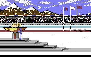 La flamme olympique fièrement allumée au début du jeu "Winter Games" sur Commodore 64