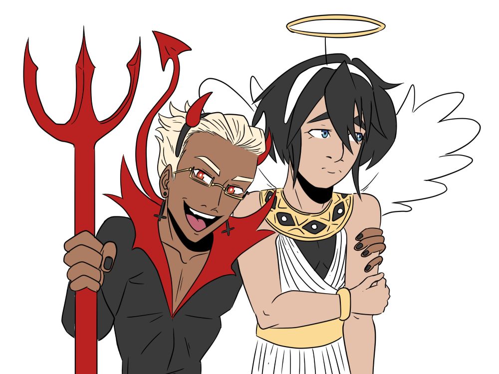 Landon (left) and Wren (right) dressed as a devil and an angel, respectively. Landon is smiling and having fun and his arm is around Wren who looks more shy and apprehensive.