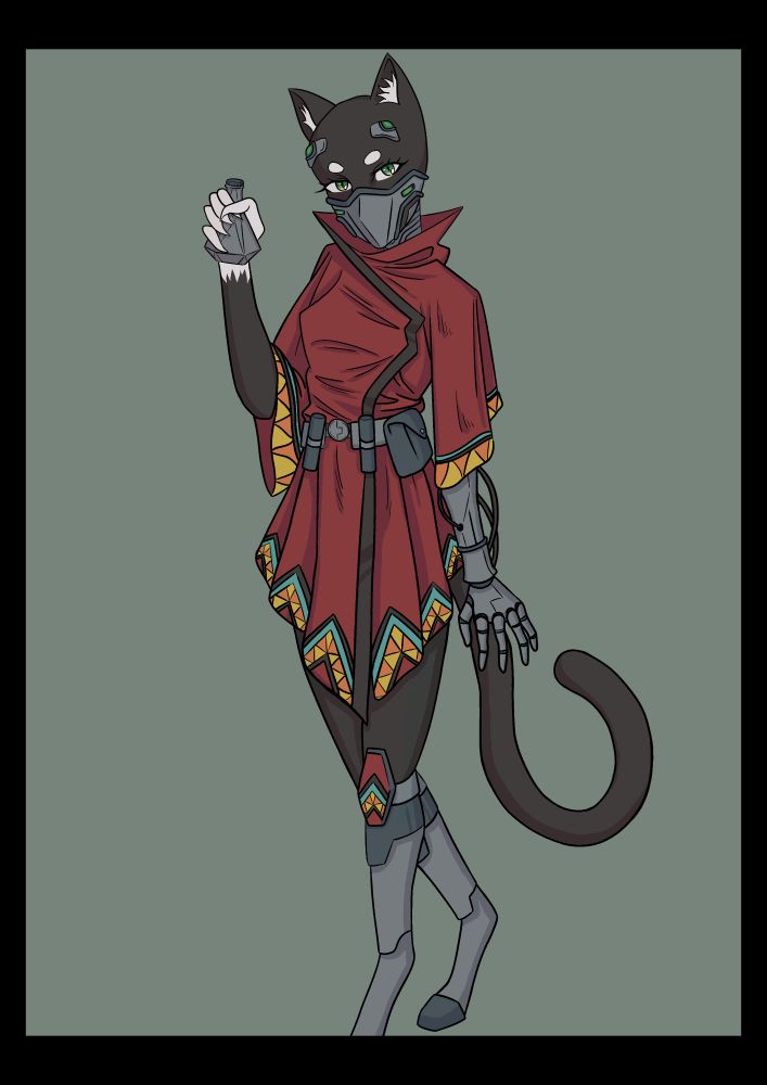 A drawing of a Tabaxi woman with a tuxedo fur coat. She is wearing a red poncho, metal boots and mask. Two implants on her head and has a robotic arm. She has green eyes and is holding a kind of vial in a walking position.
