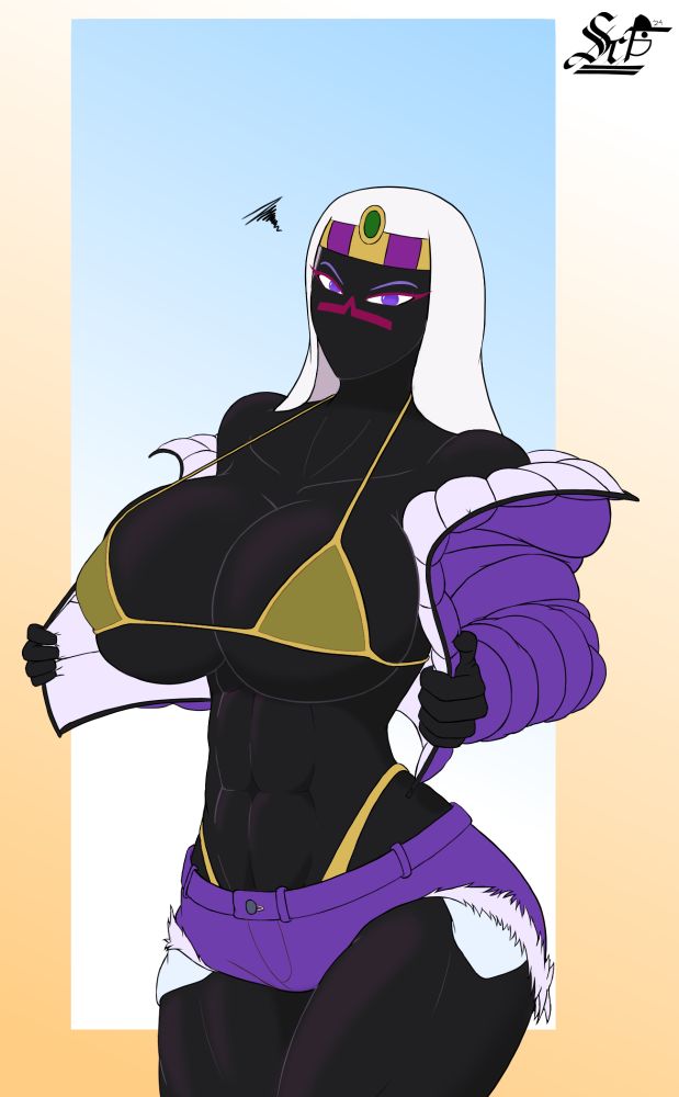A character is wearing an unzipped down jacket, exposing her bikini worn on her chest while also wearing a thong and short frayed jeans.

For this specific character, the focused character is Tyr'ahnee, from Duck Dodgers. Her puffer jacket is purple on the outside, with gold bikinis and purple short jeans.