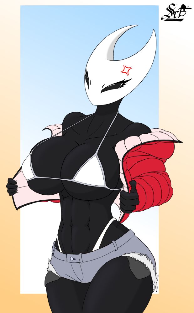 A character is wearing an unzipped down jacket, exposing her bikini worn on her chest while also wearing a thong and short frayed jeans.

For this specific character, the focusing character is Hornet, from Hollow Knight made by Team Cherry. Her puffer jacket is red, with white bikinis and light grey short jeans.