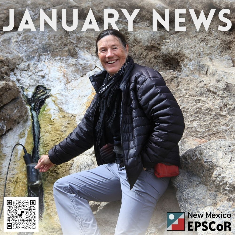 woman posing with geothermal testing equipment at a hot spring. QR code and nm epscor logo with the text overlaid: January News