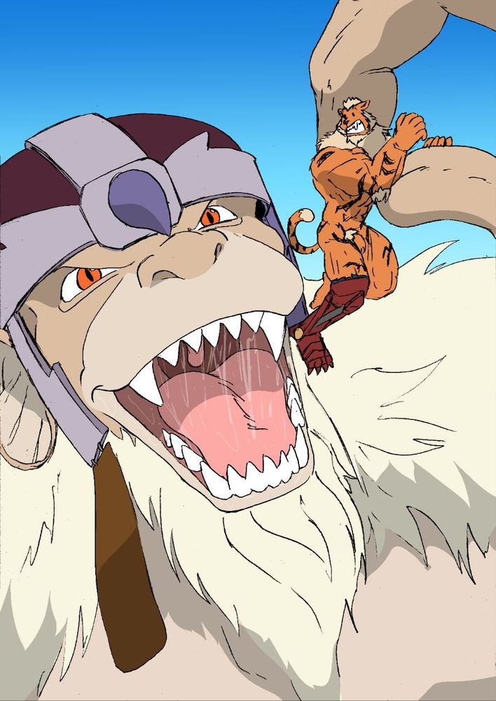 Beau, an anthropomorphic muscular tiger of orange and cream colored fur and a red metallic right leg, finds himself tiny, being held naked by the tree-sized fingers of Monkian, an anthropomorphic muscular white-colored gorilla wearing a battle helmet and a red loincloth.

Monkian grins evilly as he opens his salivating maw wide, showcasing his pearly white gorilla teeth, and dangles Beau right above it, intending to devour him. 