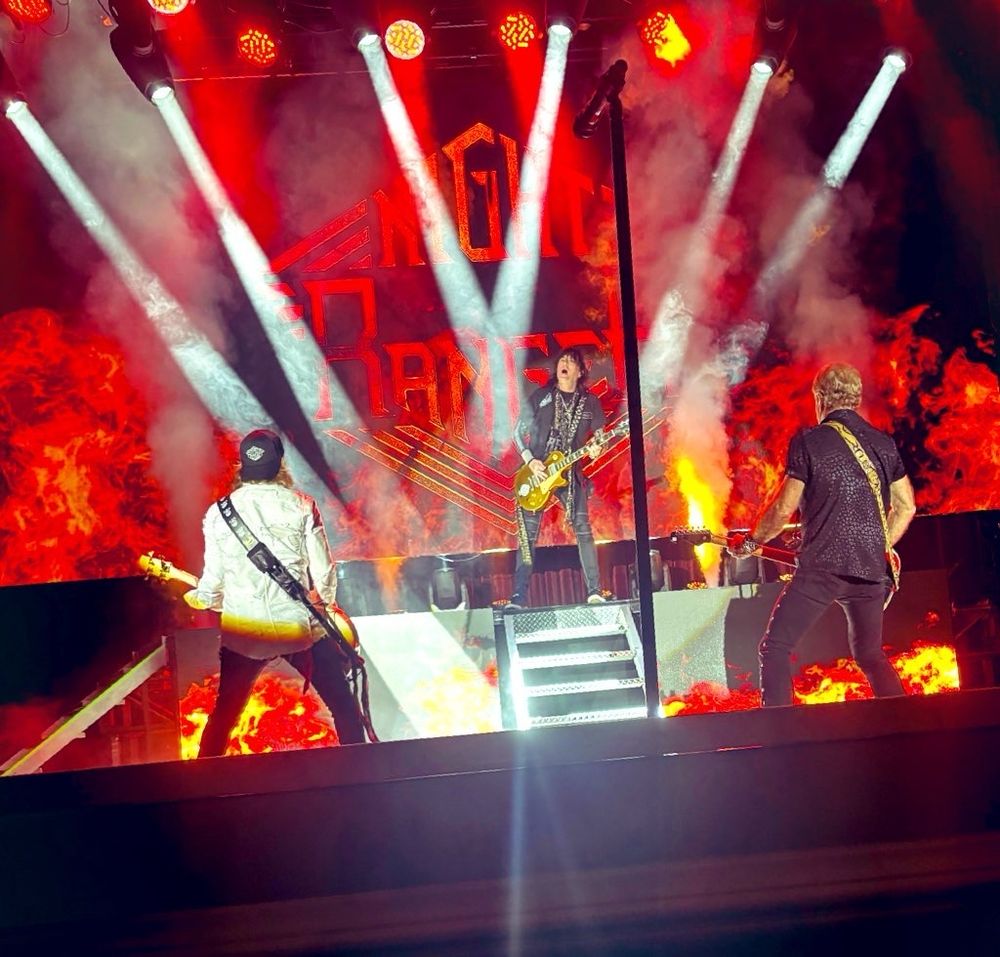 Jack Blades, Brad Gillis, and Keri Kelli of Night Ranger perform at the River City Casino in St. Louis, Missouri.