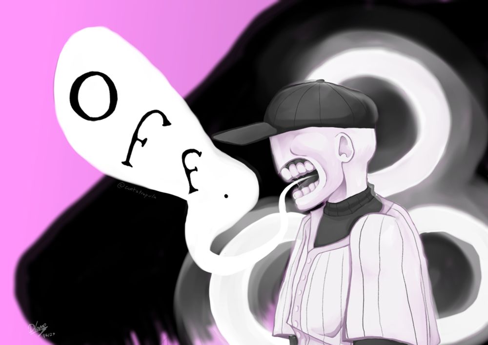 digital fanart of the batter from off. a monstrous silhouette is behind him, and he stands against a neon pink background. 