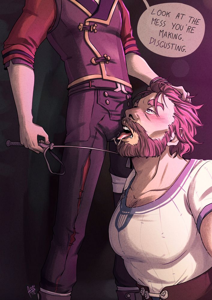 Silco's holding Vander's head up by his hair and pushing a whip against his chin. Vander's tongue is out, licking between Silco's legs. Silco's saying "Look at the mess you are making. Disgusting."