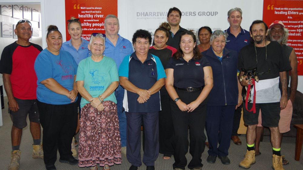 Present for the group photo were (L-R) John Sands DEG Senior River Ranger, Loretta Weatherall DEG Wellbeing Lead, Zeya Munson NRAR, Margaret Pallister DEG Elders Councillor, Grant Astill NRAR, Sandra Suey-Thorne DEG Speaker (ie chair), Zoe Sands DEG Co-Lead Water and Country, Ty Hickey DEG Food and Water for Life & River Rangers, Carissa Beatty NRAR, Norma Kennedy DEG Elders Councillor, Elizabeth Williams DEG Secretary, Scott Carpenter NRAR, Rick Townsend DEG Treasurer, Kenneth Bullaman.