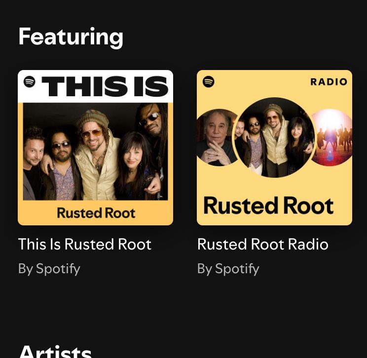 Shot of a Spotify home page where they are suggesting THIS IS RUSTED ROOT and Rusted Root Radio. Why?!