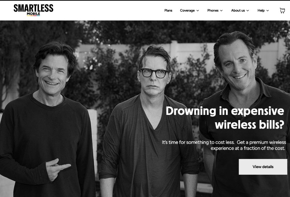 The Smartless Mobile webpage. The Smartless guys point and smile. Drowning in expensive wireless bills? They have a cell phone company now because why not?