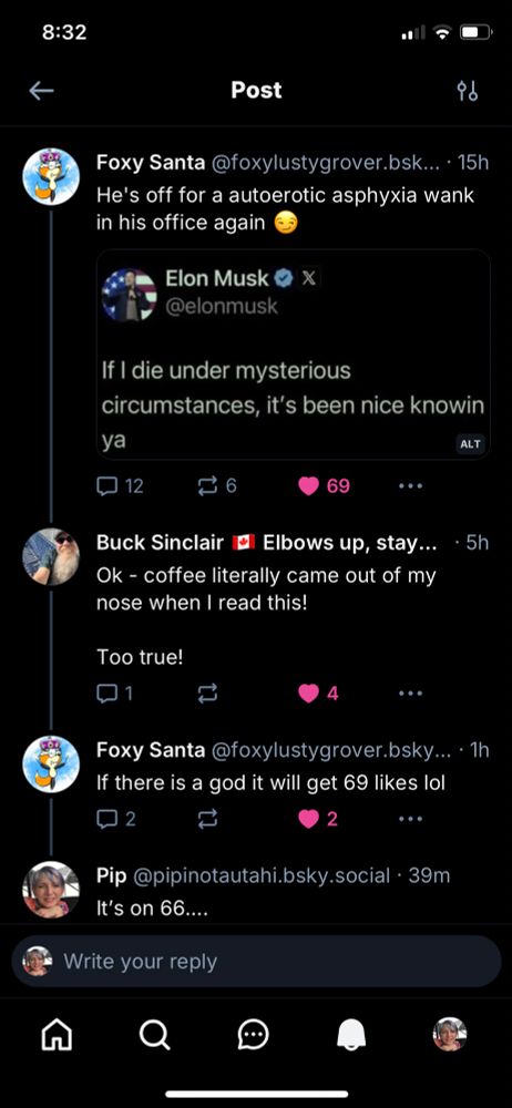 Screen shot of the likes under Foxys tweet - capturing the 69 before someone ruins it…. Lol