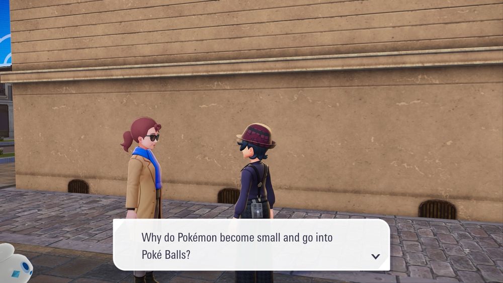 A screenshot of Pokemon Legends: Z-A; a woman asks about why Pokemon go into Poke Balls