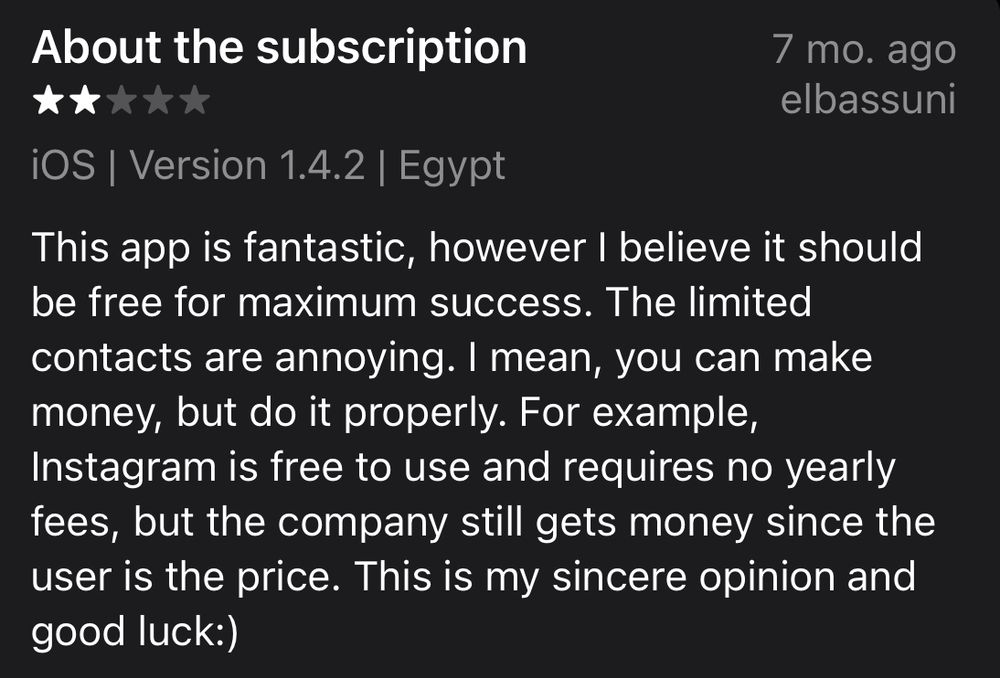 User review highlighting their frustration that the app is not free