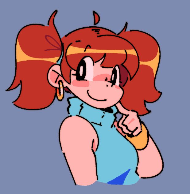annalynn (by cruise elroy) but in a shoulderless sweater and twin pigtails. she's poking her cheek in a cutesy smile way. she's so cute. oh my gosh. help. help. i love her. thats all, haha