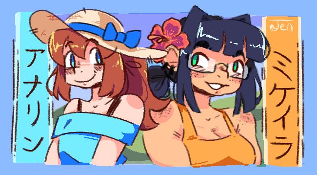 Annalynn and Mikayla (OCs by Cruise Elroy) in a summer vacation get-up. Anna has a sun hat with a blue bow on it, and a shoulderless shirt, and Mikayla has her hair up in a ponytail, with a hibiscus flower in her ear. She's also wearing a yellow tank top

Gosh I love these two....