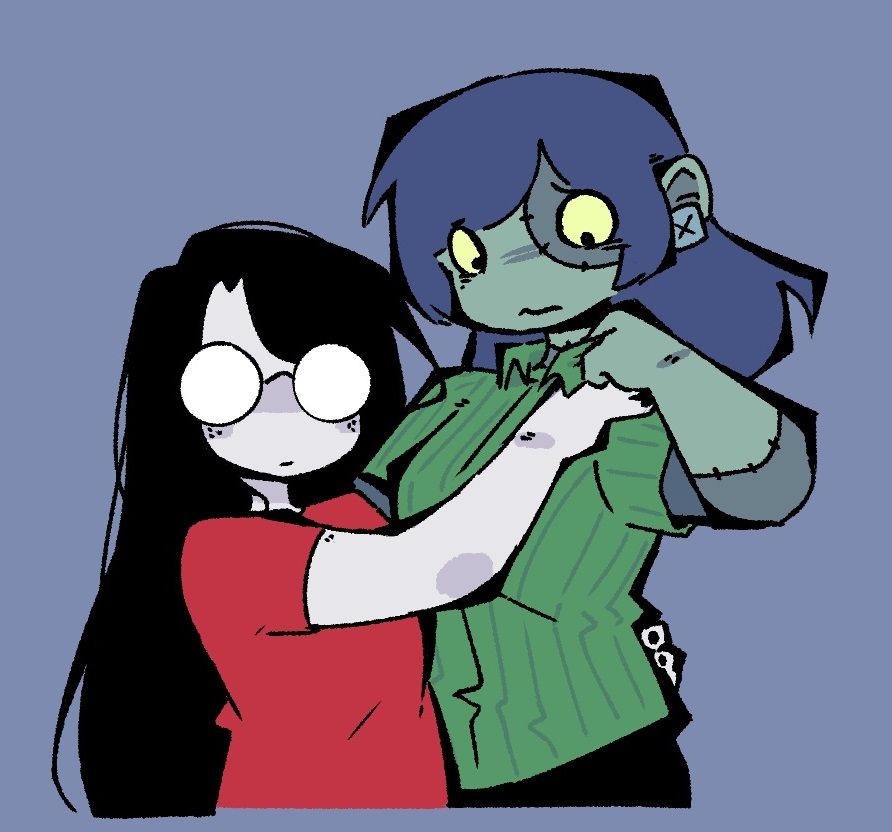 (👻☕) Morgana and Telle holding onto each other while wearing Peppermint Patty and Marcie's shirts. Morgana is a bit startled and tugging onto the shirt collar