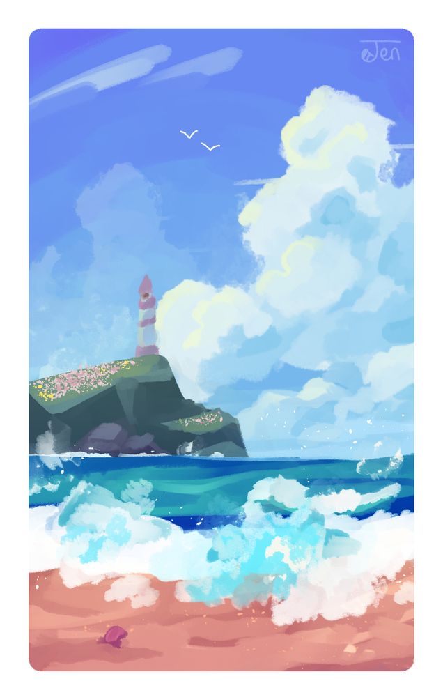 a shoreline with crashing waves, and in the distance a lighthouse sitting atop a cliff-side. there's flowers circling it, and big clouds all around