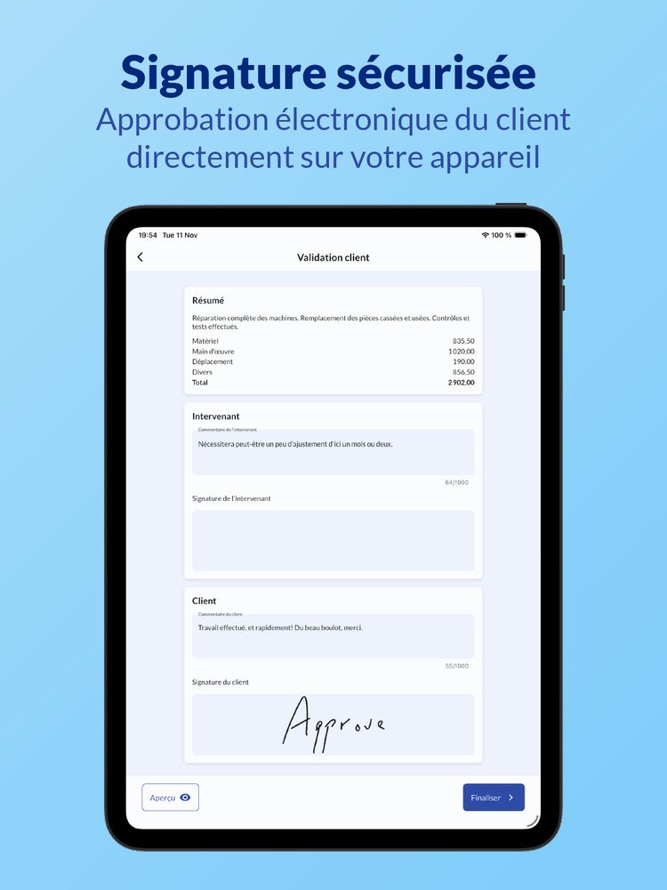 Signature sécurisée : Approbation électronique du client directement sur votre appareil