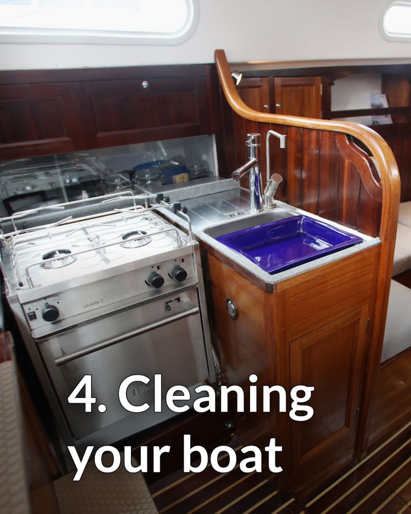 Cleaning your boat written over a background depicting a sailboat's galley