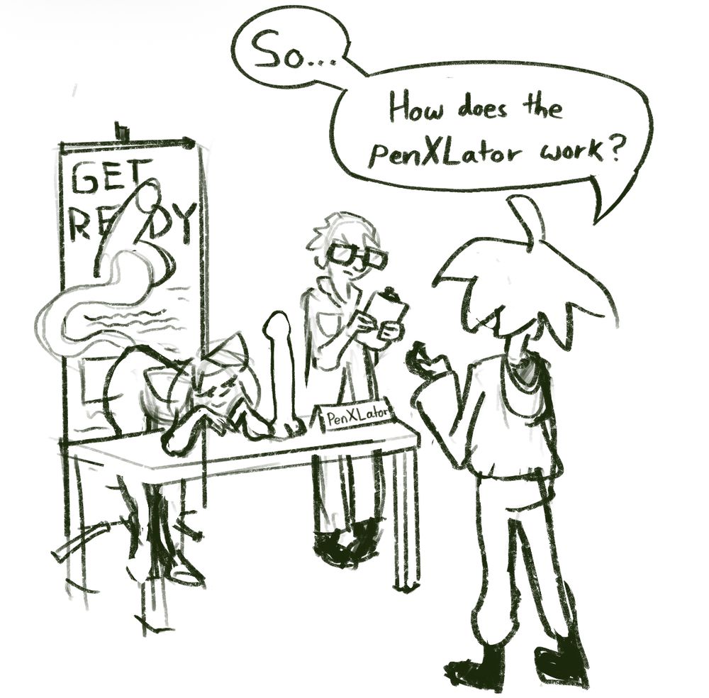 NSFW sex expo doodle scene, a booth presenting the "penXLator". Some character walks up asking "how does the penXLator work?"