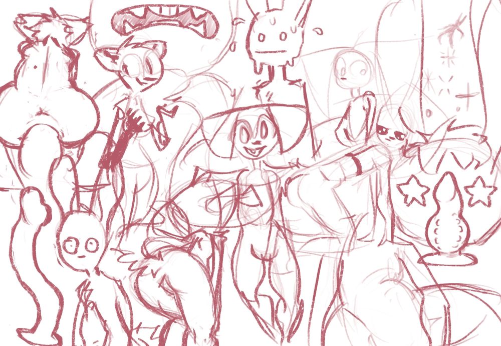 messy doodle of a fair amount of NSFW, nude bodies and sex toys