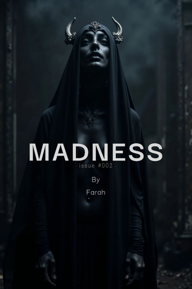 a dark, moody cover design for a publication titled "MADNESS issue #002" by Farah. The central figure is a woman dressed in an ominous, black, draping garment with a veil or hood. Her skin is painted or lit in a way that appears almost metallic or otherworldly, with highlights emphasizing her stern, enigmatic expression. She is adorned with horn-like decorations on her head and a pendant necklace, adding to the gothic and mysterious atmosphere. The background is dimly lit, giving the impression of an abandoned or eerie location. The composition evokes themes of darkness, power, and the supernatural.