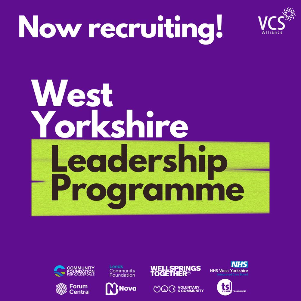Alt text: A deep purple graphic with the bold title: West Yorkshire Leadership Programme. Above this, the test reads: Now recruiting! Underneath the text is a row of logos for all the partners and funders involved in the programme.