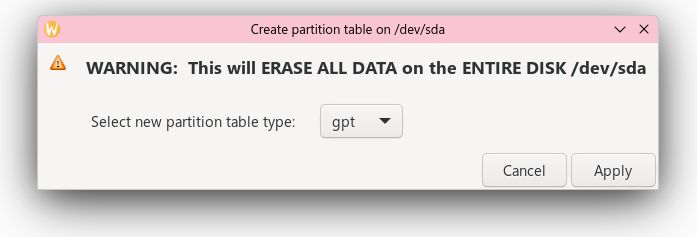 Cropped screenshot of a dialog window from gparted that pops up when you try to create a new partition table, which well, it's a normal thing you'd expect when you create a new partition table, I guess!? nothing too shocking there, but the warning is extra ominous and scary when it says /dev/sda, because.... you know
But yeah, the actual message is:
"WARNING: This will ERASE ALL DATA on the ENTIER DISK /dev/sda"
Also, don't worry about the default wayland icon for this dialog, I'm obviously running this on a temporary nix shell, because I'm not that insane to actually use gparted that often, so it's not actually permanently installed on my system