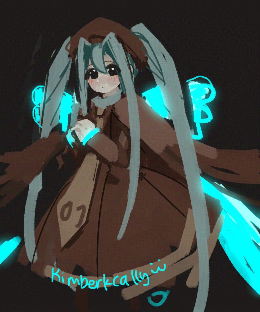 sketch of Bug Type Miku from the Pokémon feat. Hatsune Miku Project VOLTAGE 18 Types series. she is drawn with mostly dull colors with a bright cyan accent color. her long hair resembles antenna and she has a pair of glowing moth wings. 