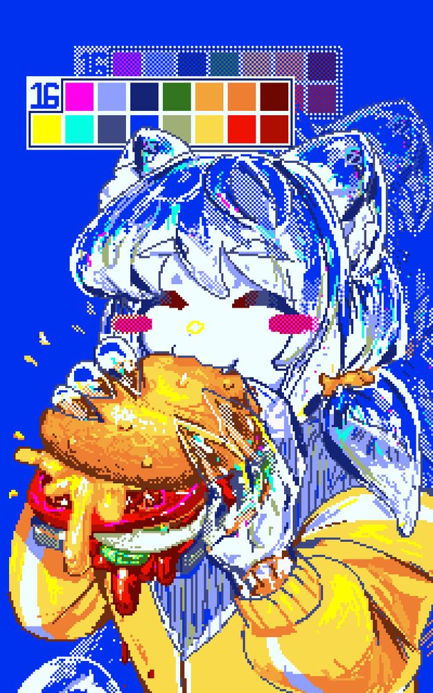 pixel drawing of a cat boy made of glass biting into the Four-Byte Burger. the contents of the burger are falling out but he is oblivious to this. above him is the 16 color palette used in the picture. 