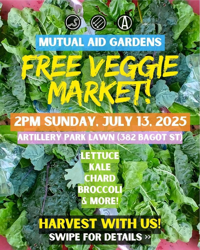 Mutual Aid Gardens
FREE VEGGIE MARKET 
2pm Sunday July 13th, 2025
Artillery Park Lawn 382 Bagot St.
Lettuce Kale Chard Broccoli & more
HARVEST WITH US