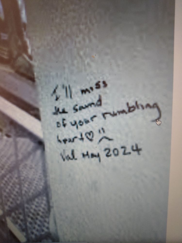 A message in sharpie on a metal post of Kingston's former Causeway bridge says: I'll miss the sound of your rumbling heart ❤️ ☹️ Val May 2024.