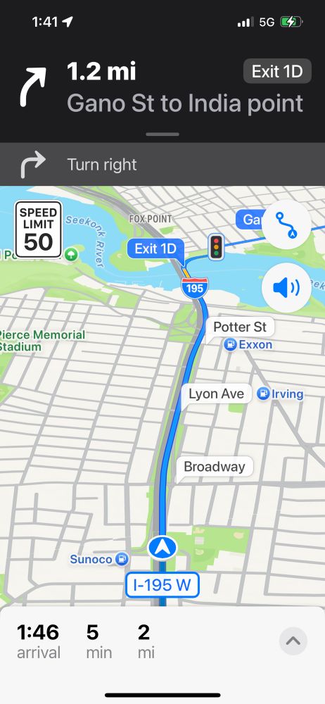 A screenshot of Apple Maps showing Gano Street exit from the Washington Street Bridge (that’s has been torn down). 