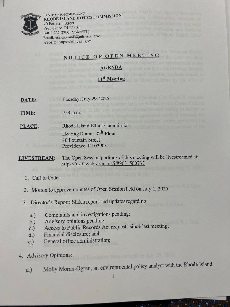 Agenda for the July 29th meeting of the RI Ethics Commission