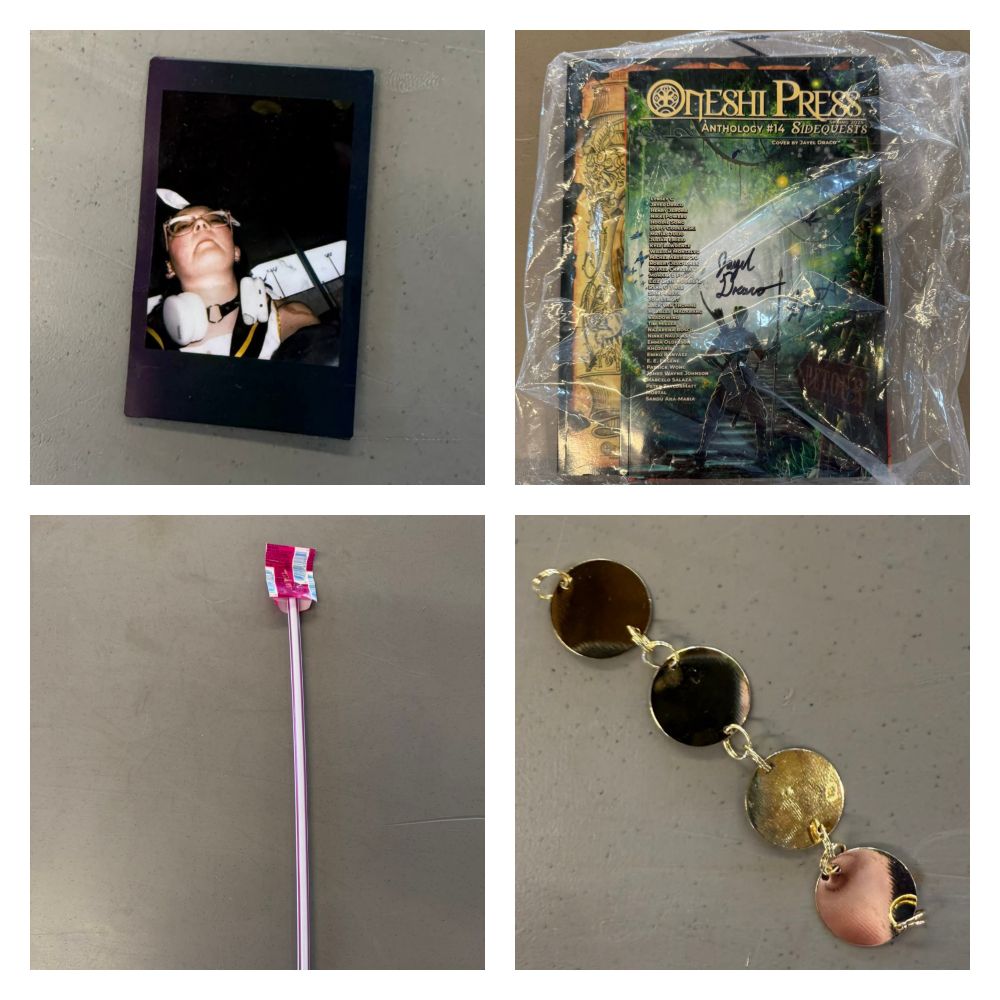 A tall Polaroid of a teen girl with white headphones around her neck, a bag of signed books from Oneshi Press, a giant pink Pixi Stick, and 4 gold-coloted discs joined by jump rings