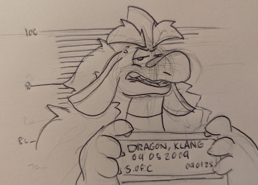 Mugshot for one "Dragon, Klang", indicating he is somewhere around 100 feet tall. He is grimacing, visibly upset.