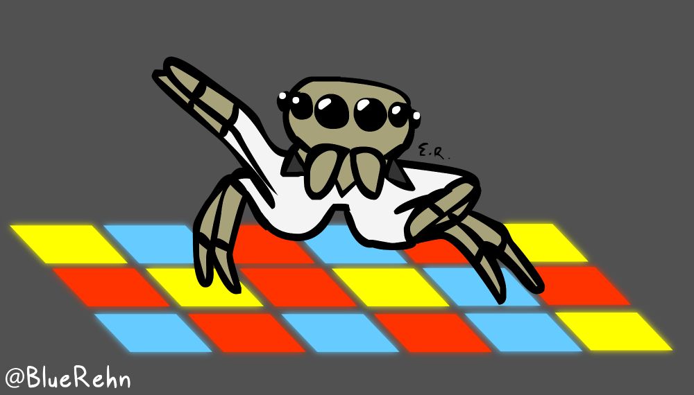 A cartoon of a jumping spider in a white outfit, striking a pose on a colourful glowing dance floor in homage to John Travolta in Saturday Night Live