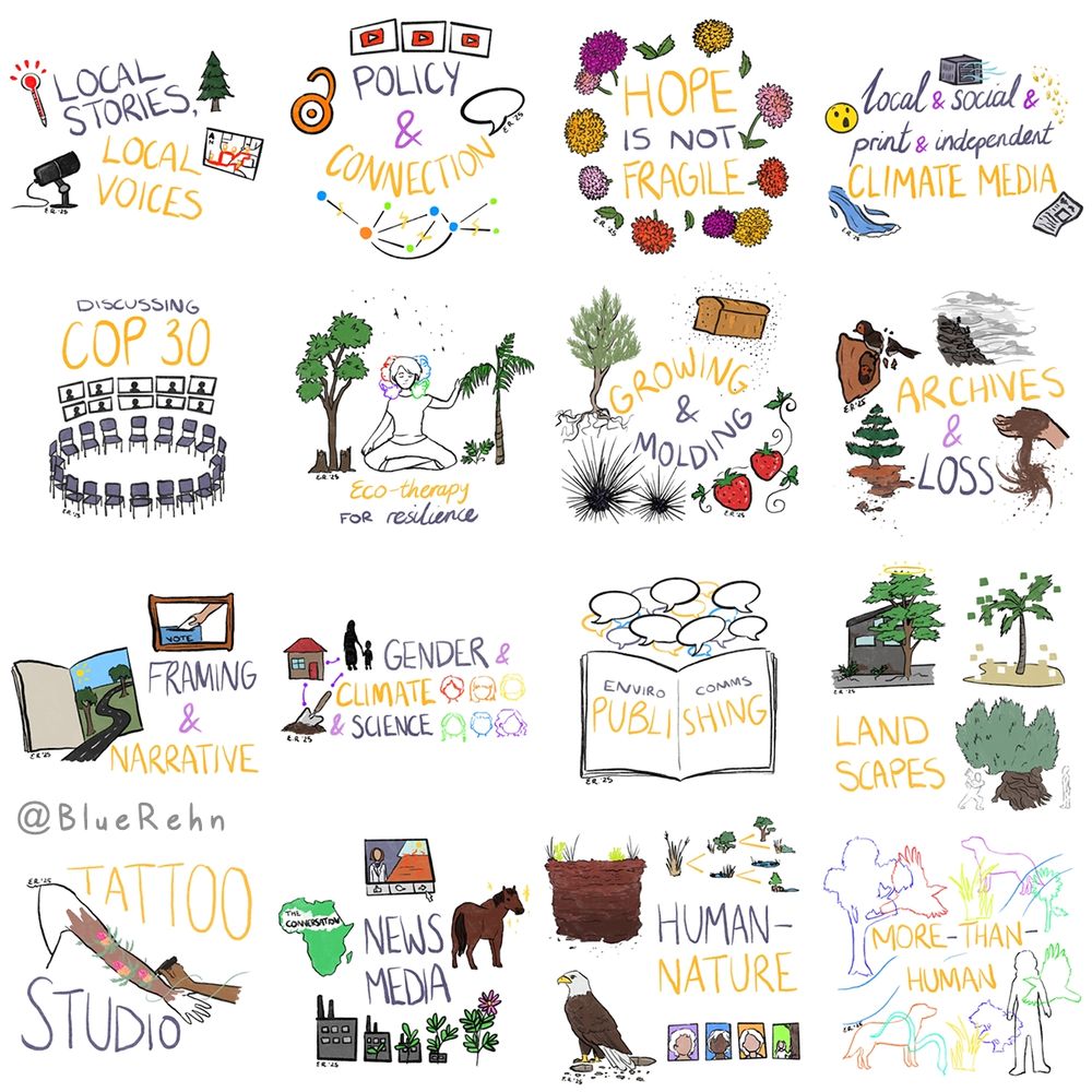 A collection of 16 digital sketches on a white background, summarising sessions from an environmental communication conference featuring plants, animals, and people.